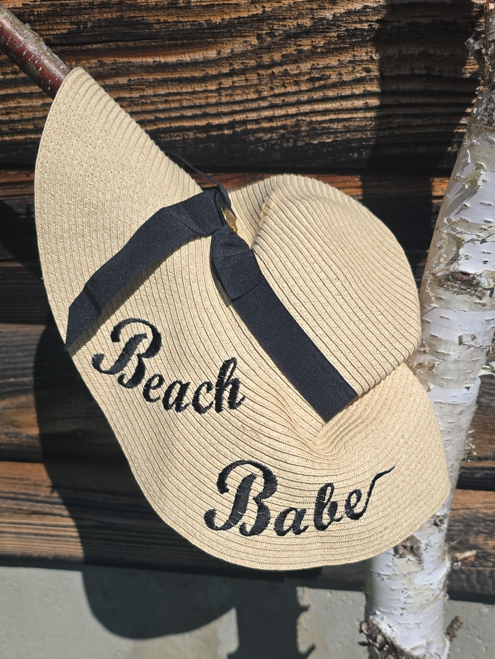 Betsey Johnson Natural Paper Straw Hat Embroirded BEACH BABE Black Ribbon